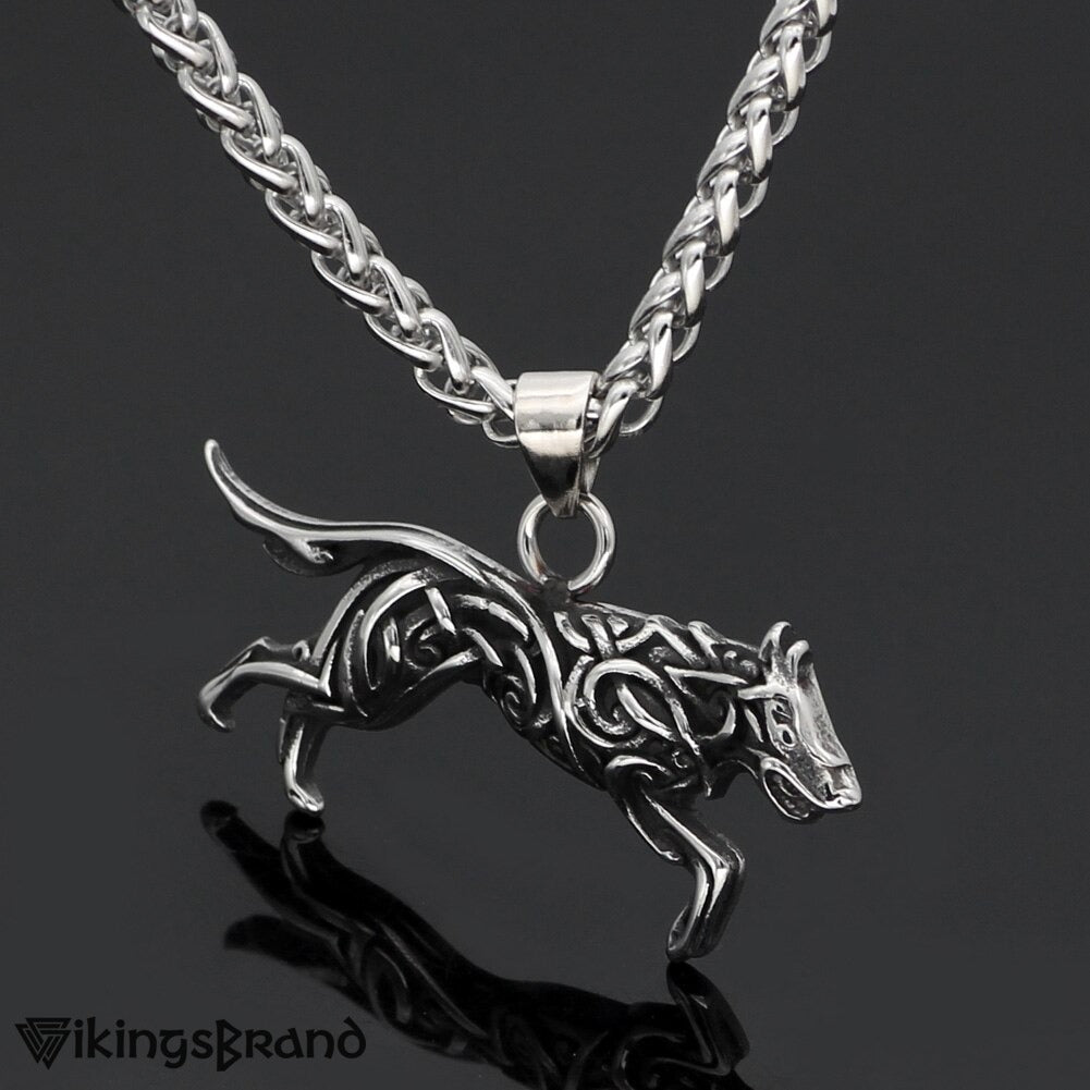 Geri and Freki Knot Wolf Necklace with Valknut Gift Bag
