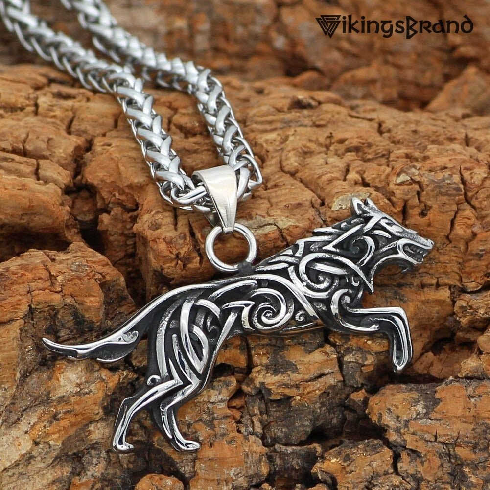 Geri and Freki Knot Wolf Necklace with Valknut Gift Bag