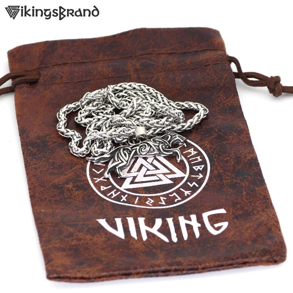 Geri and Freki Knot Wolf Necklace with Valknut Gift Bag