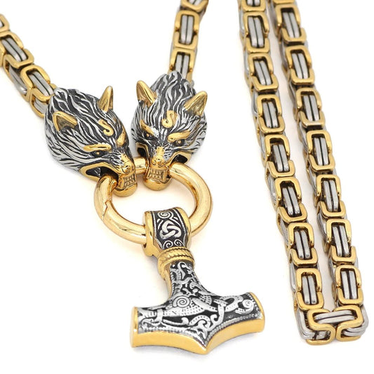 Gold Trimmed Wolf Chain with Wolf Heads & Mjolnir