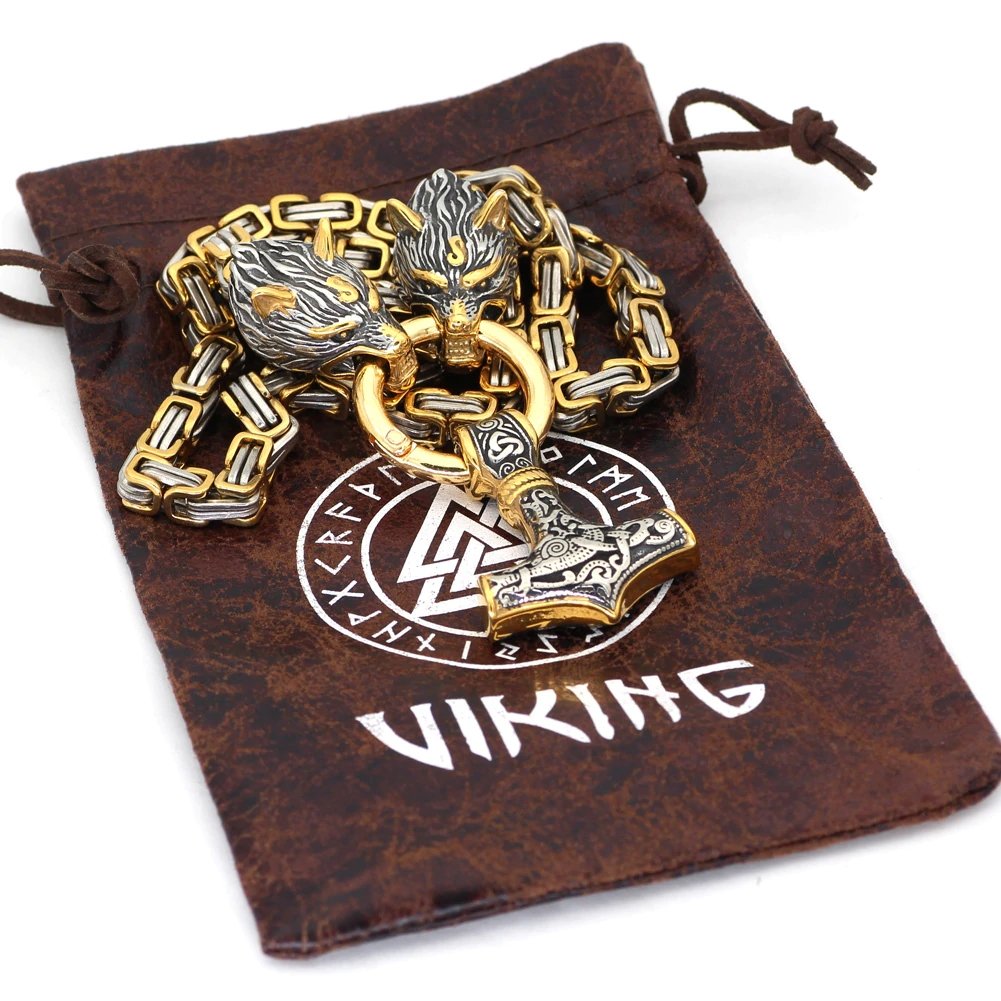 Gold Trimmed Wolf Chain with Wolf Heads & Mjolnir
