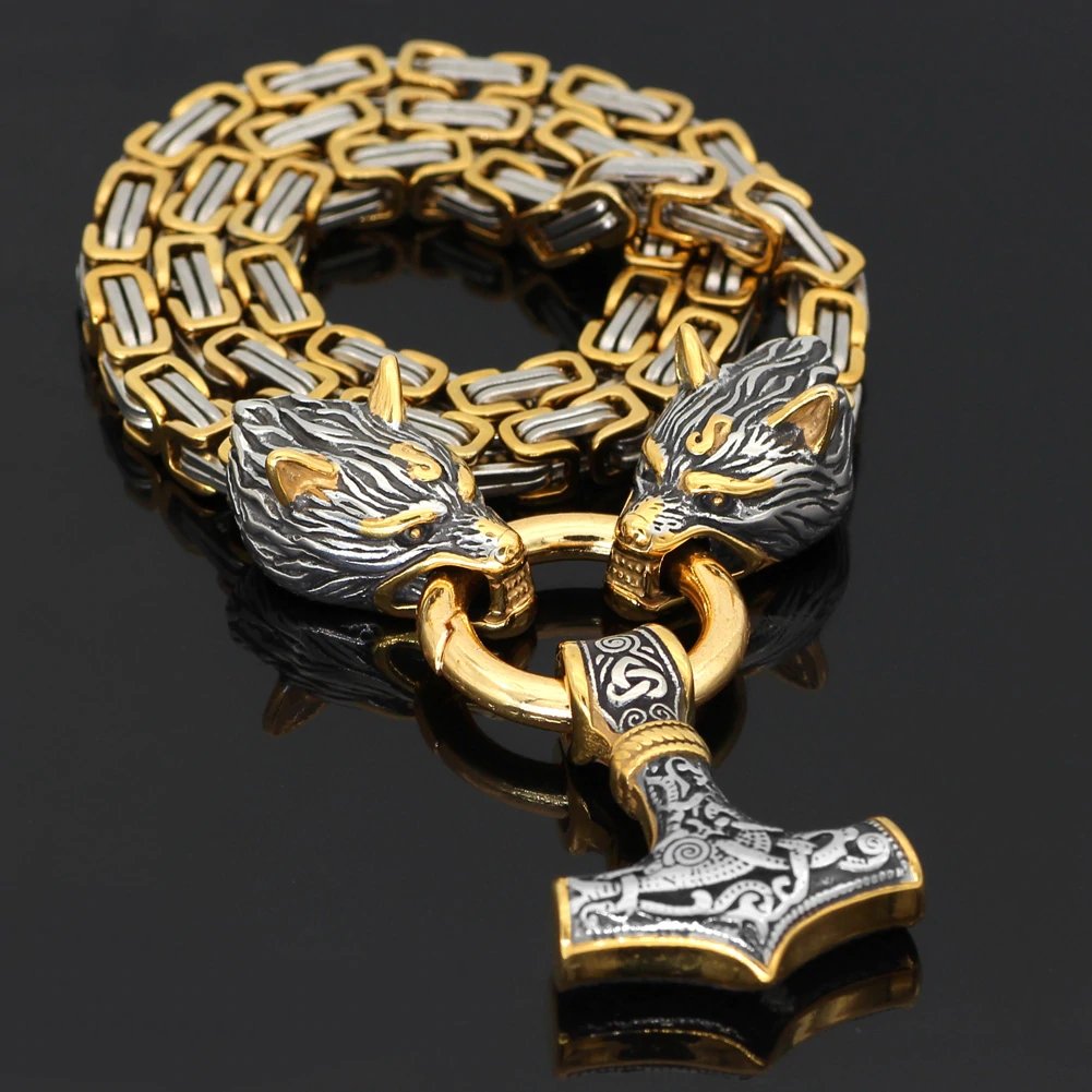 Gold Trimmed Wolf Chain with Wolf Heads & Mjolnir