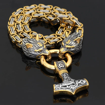 Gold Trimmed Wolf Chain with Wolf Heads & Mjolnir