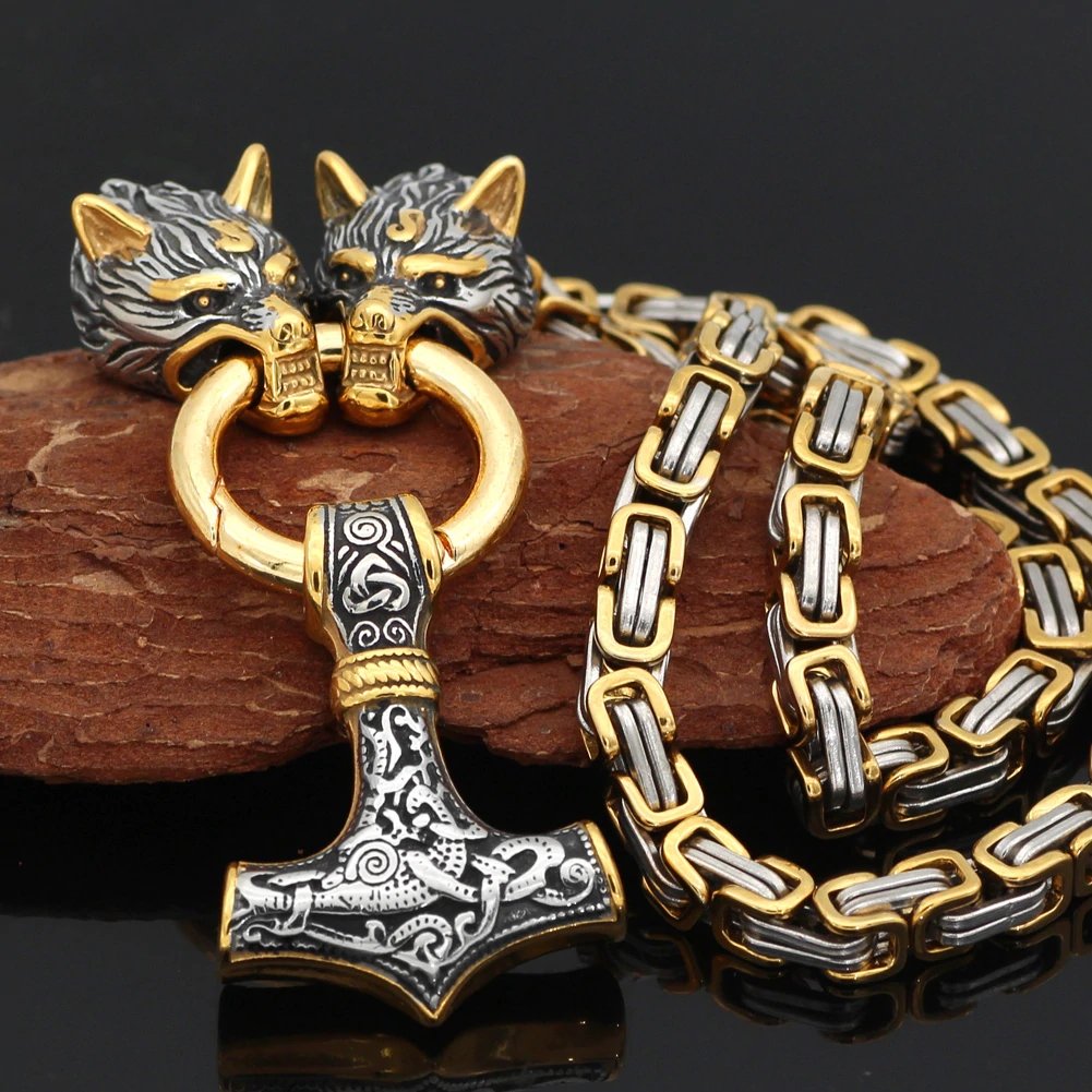 Gold Trimmed Wolf Chain with Wolf Heads & Mjolnir