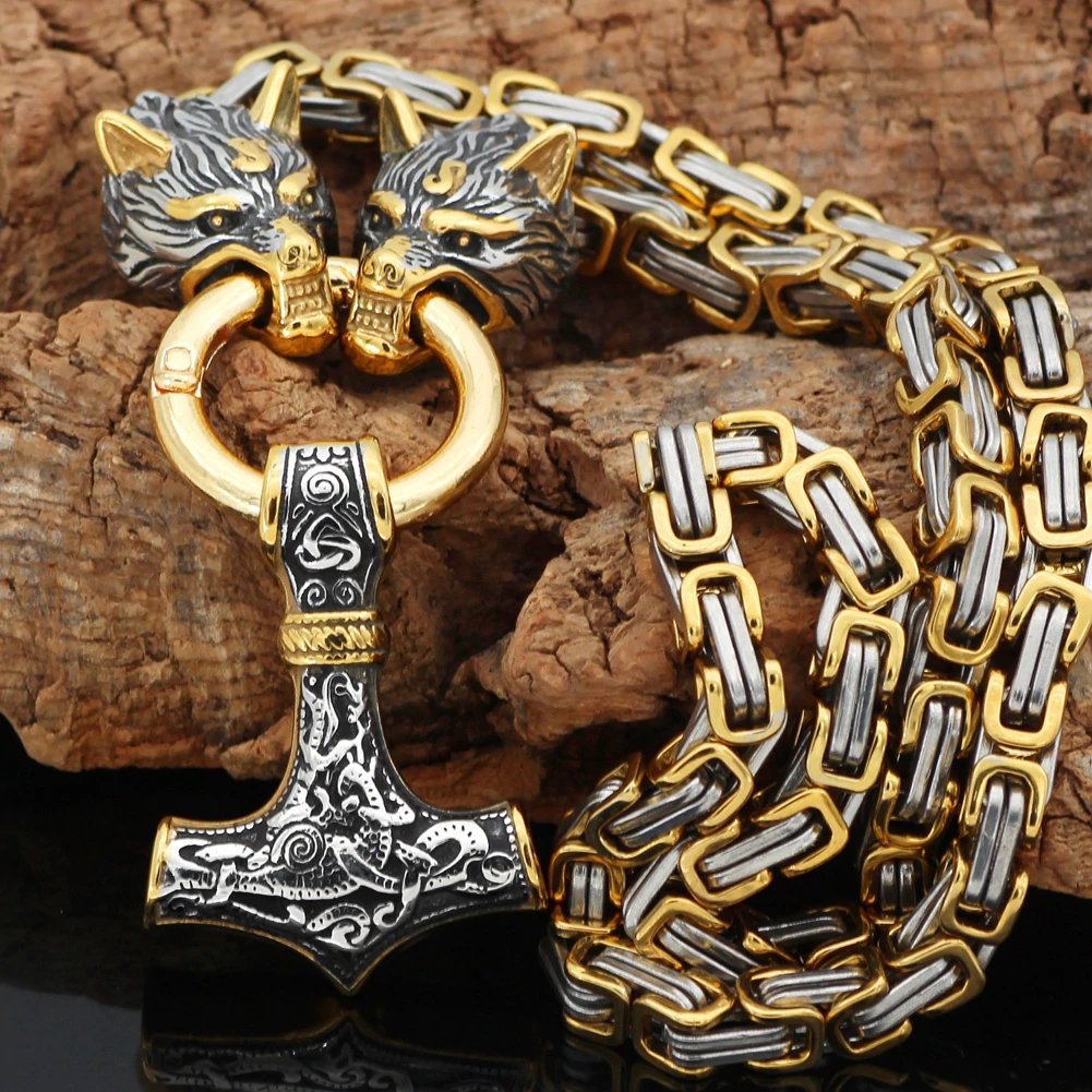 Gold Trimmed Wolf Chain with Wolf Heads & Mjolnir