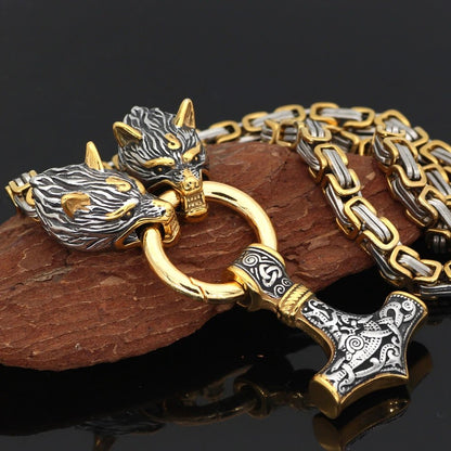 Gold Trimmed Wolf Chain with Wolf Heads & Mjolnir