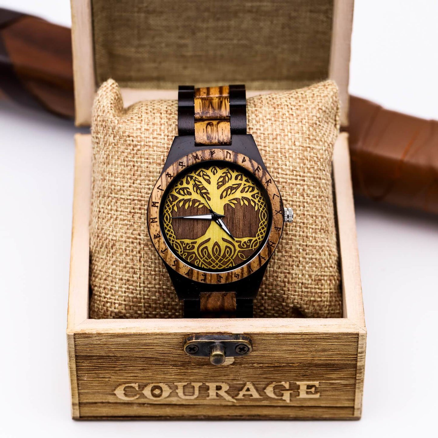 Gorm Viking Wooden Watch with Carved Yggdrasil Viking Symbol & Custom Engravings