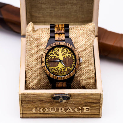 Gorm Viking Wooden Watch with Carved Yggdrasil Viking Symbol & Custom Engravings