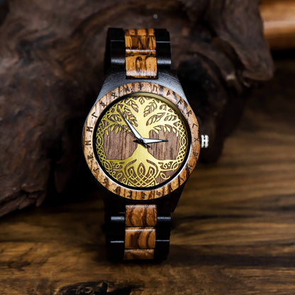 Gorm Viking Wooden Watch with Carved Yggdrasil Viking Symbol & Custom Engravings