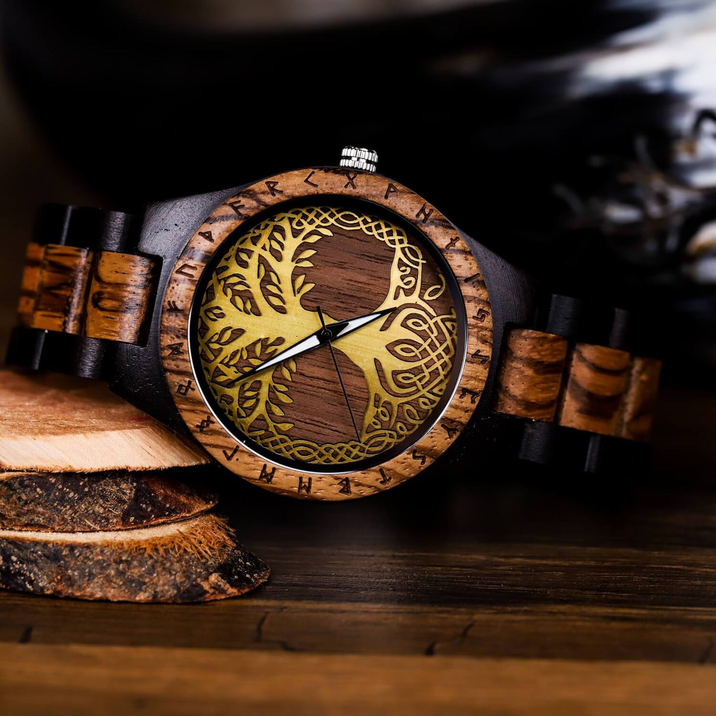 Gorm Viking Wooden Watch with Carved Yggdrasil Viking Symbol & Custom Engravings