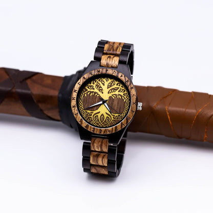 Gorm Viking Wooden Watch with Carved Yggdrasil Viking Symbol & Custom Engravings