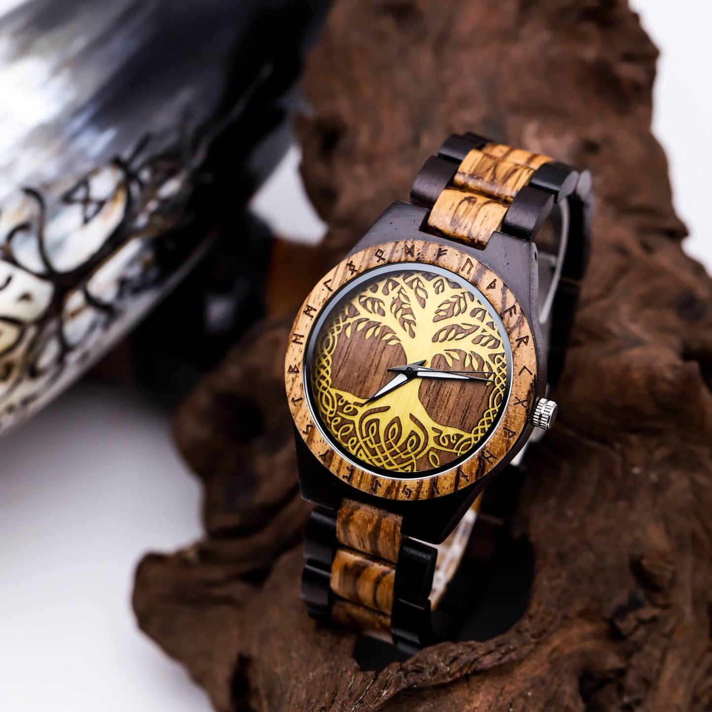 Gorm Viking Wooden Watch with Carved Yggdrasil Viking Symbol & Custom Engravings