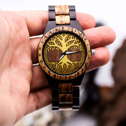 Gorm Viking Wooden Watch with Carved Yggdrasil Viking Symbol & Custom Engravings