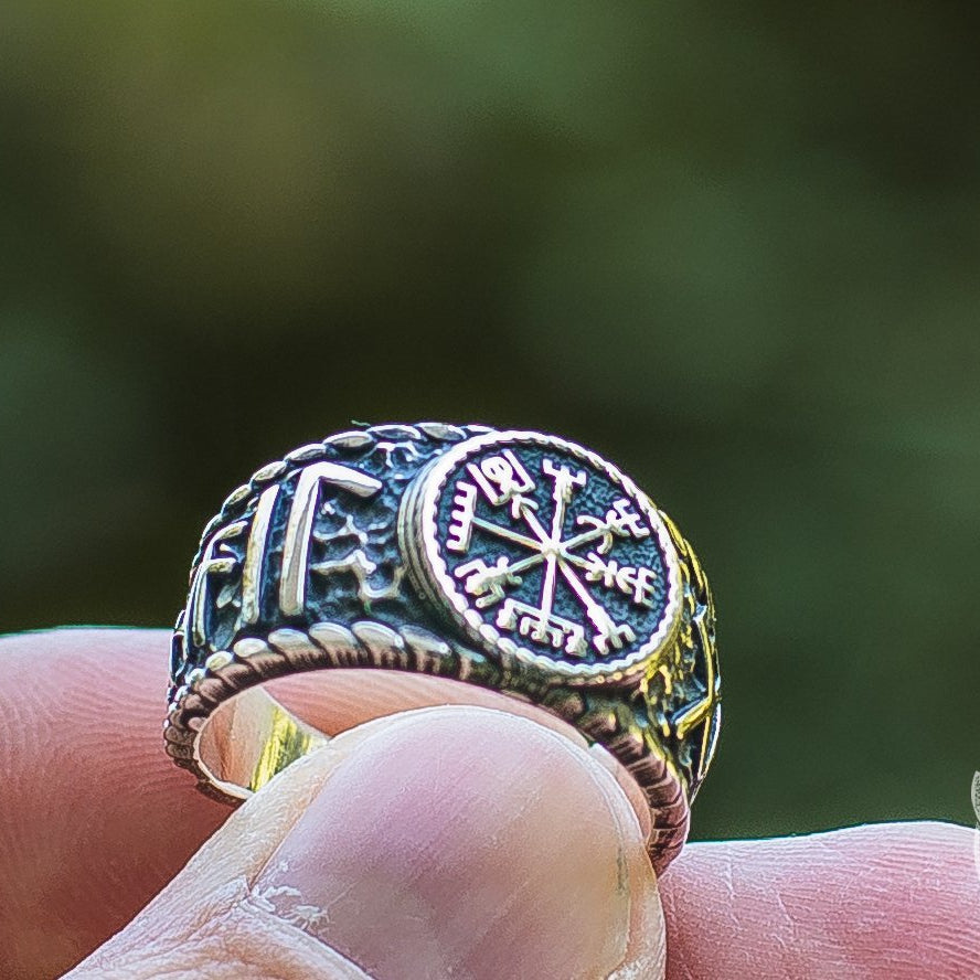 Hail Odin Runes with Vegvisir Symbol 925 Sterling Silver Norse Ring - VikingsBrand