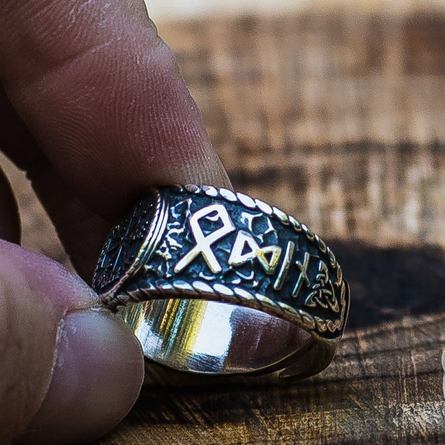 Hail Odin Runes with Vegvisir Symbol 925 Sterling Silver Norse Ring - VikingsBrand