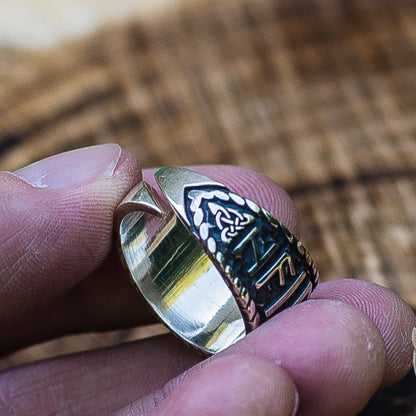 Hail Odin Runes with Vegvisir Symbol 925 Sterling Silver Norse Ring - VikingsBrand