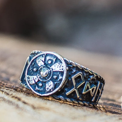 Hail Odin Style Viking Shield With Runes 925 Sterling Silver Ring - VikingsBrand