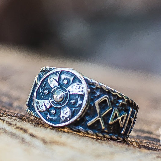Hail Odin Style Viking Shield With Runes 925 Sterling Silver Ring - VikingsBrand