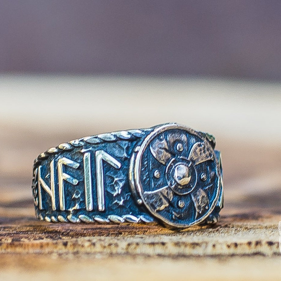 Hail Odin Style Viking Shield With Runes 925 Sterling Silver Ring - VikingsBrand