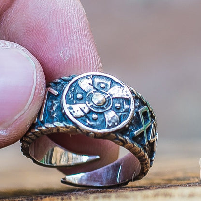 Hail Odin Style Viking Shield With Runes 925 Sterling Silver Ring - VikingsBrand