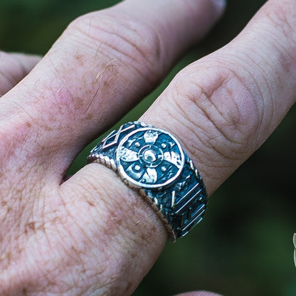 Hail Odin Style Viking Shield With Runes 925 Sterling Silver Ring - VikingsBrand