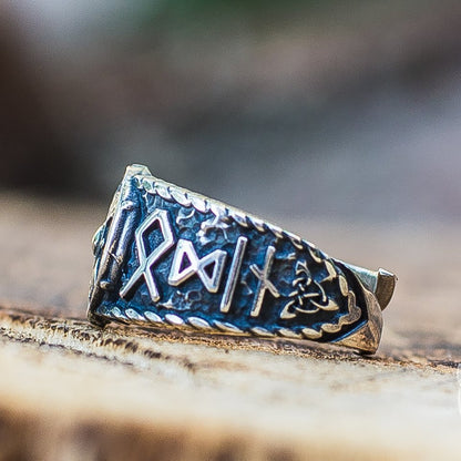 Hail Odin Style Viking Shield With Runes 925 Sterling Silver Ring - VikingsBrand