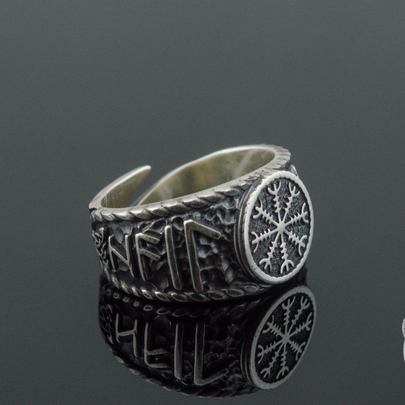 Hail Odin Style with Helm of Awe Symbol 925 Sterling Silver Viking Ring - VikingsBrand