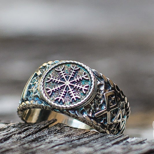 Hail Odin Style with Helm of Awe Symbol 925 Sterling Silver Viking Ring - VikingsBrand