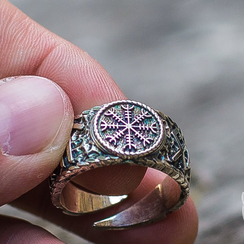 Hail Odin Style with Helm of Awe Symbol 925 Sterling Silver Viking Ring - VikingsBrand