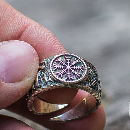 Hail Odin Style with Helm of Awe Symbol 925 Sterling Silver Viking Ring - VikingsBrand