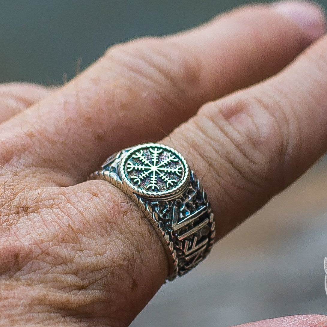 Hail Odin Style with Helm of Awe Symbol 925 Sterling Silver Viking Ring - VikingsBrand