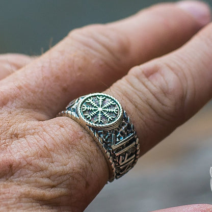 Hail Odin Style with Helm of Awe Symbol 925 Sterling Silver Viking Ring - VikingsBrand