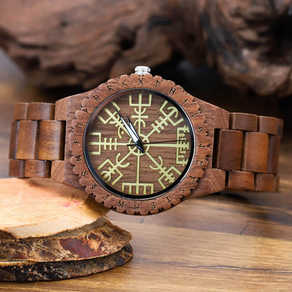 Halfdan Viking Wooden Watch with Carved Vegvisir Viking Compass & Custom Engravings