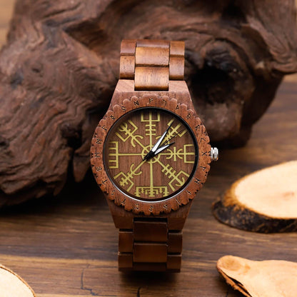 Halfdan Viking Wooden Watch with Carved Vegvisir Viking Compass & Custom Engravings