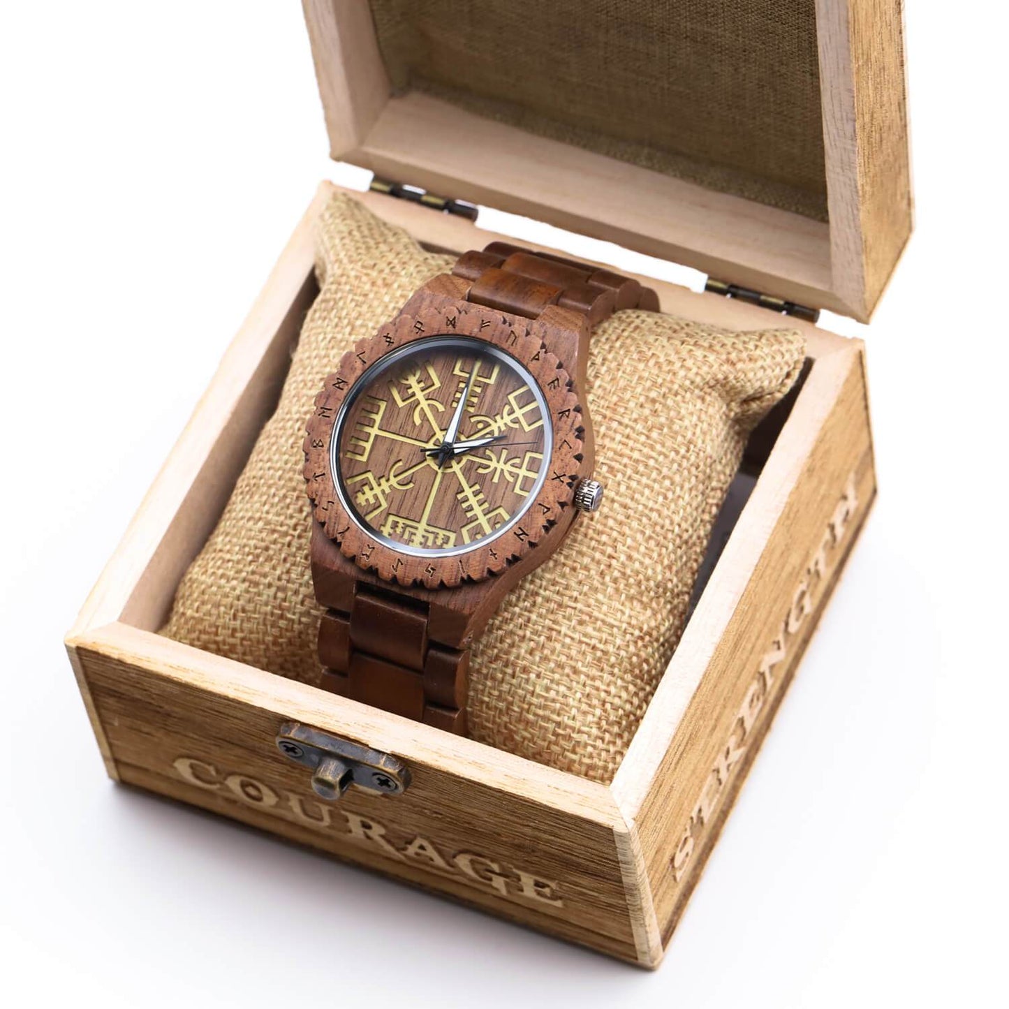 Halfdan Viking Wooden Watch with Carved Vegvisir Viking Compass & Custom Engravings