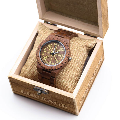 Halfdan Viking Wooden Watch with Carved Vegvisir Viking Compass & Custom Engravings