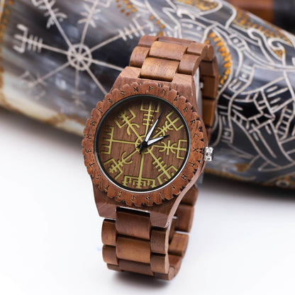 Halfdan Viking Wooden Watch with Carved Vegvisir Viking Compass & Custom Engravings