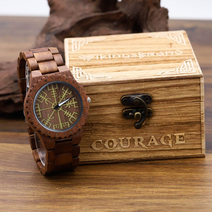 Halfdan Viking Wooden Watch with Carved Vegvisir Viking Compass & Custom Engravings