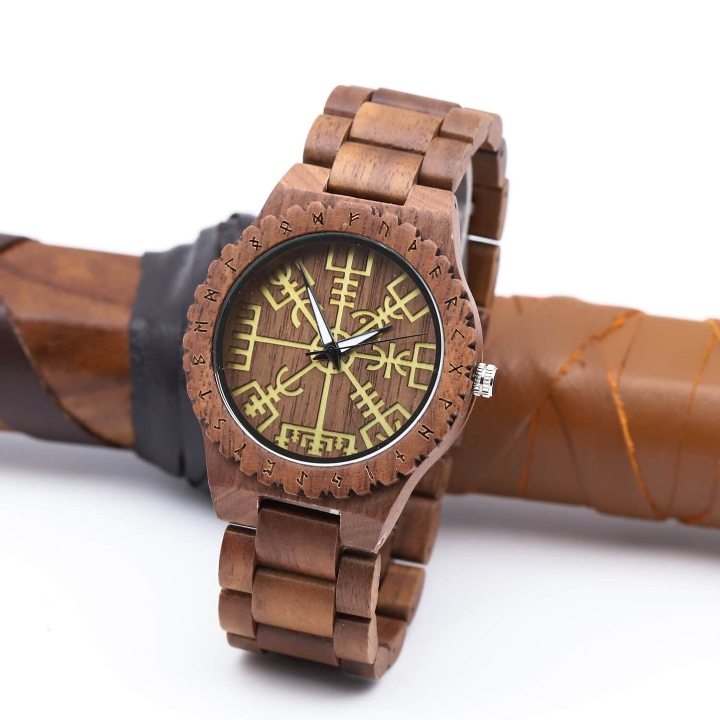 Halfdan Viking Wooden Watch with Carved Vegvisir Viking Compass & Custom Engravings