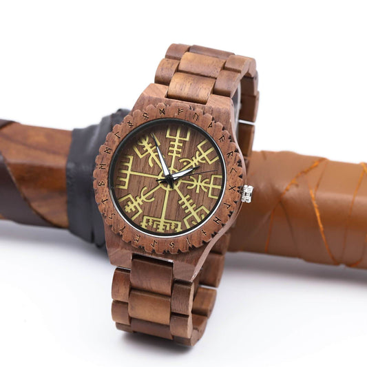 Halfdan Viking Wooden Watch with Carved Vegvisir Viking Compass & Custom Engravings