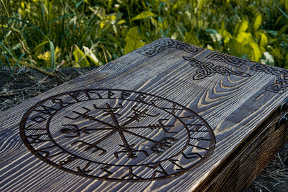 ancientsmithy axe Hand forged axe “OTHALA” with wooden carving, leather cover and wooden box