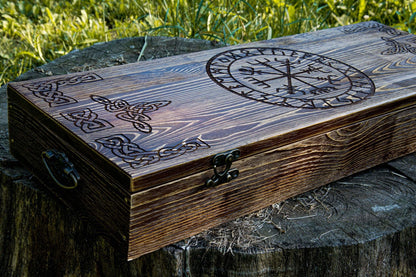 ancientsmithy axe Hand forged axe “OTHALA” with wooden carving, leather cover and wooden box