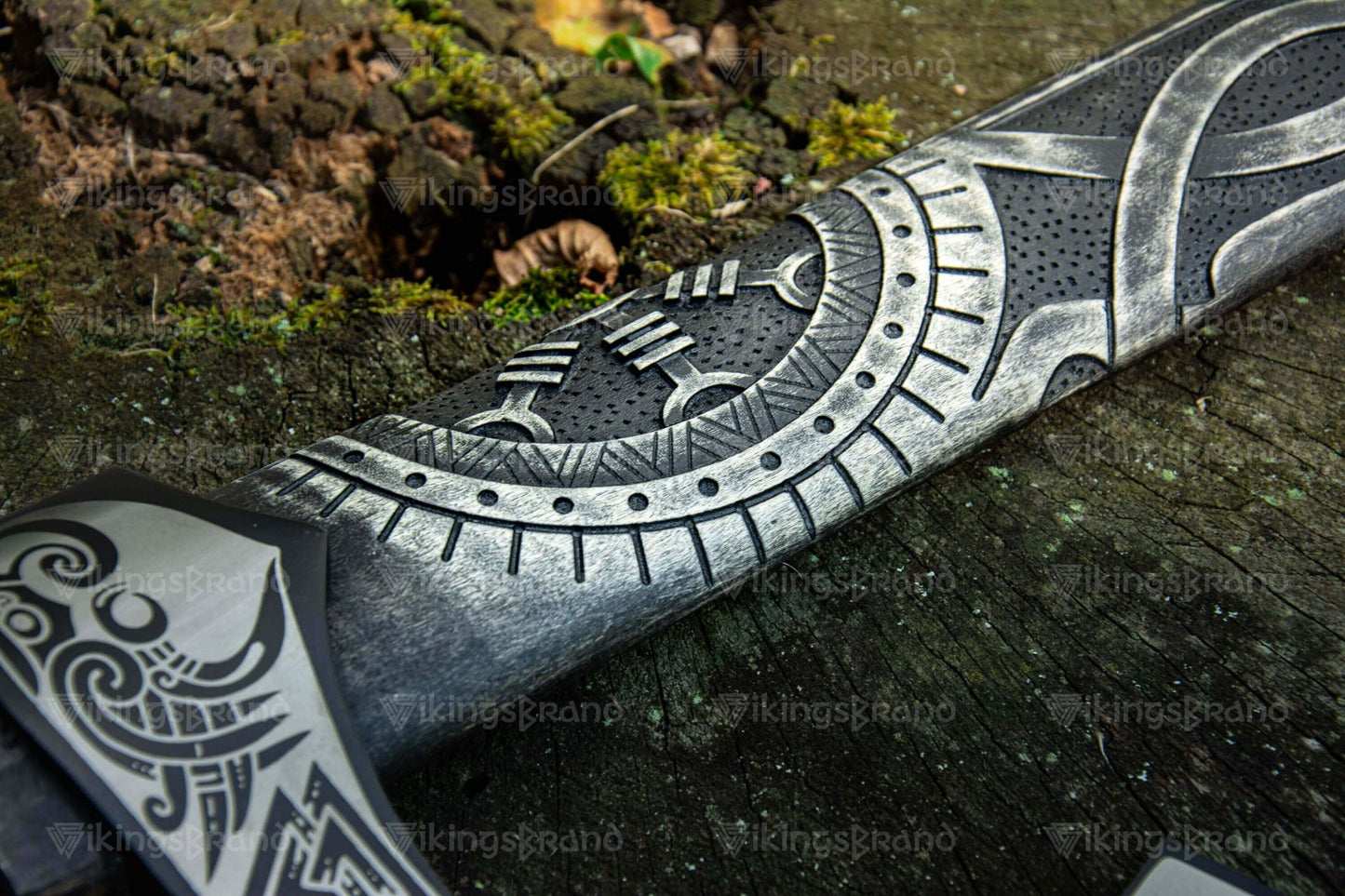 Hand Forged Carved Axe With Valknut Pattern & Wooden Box