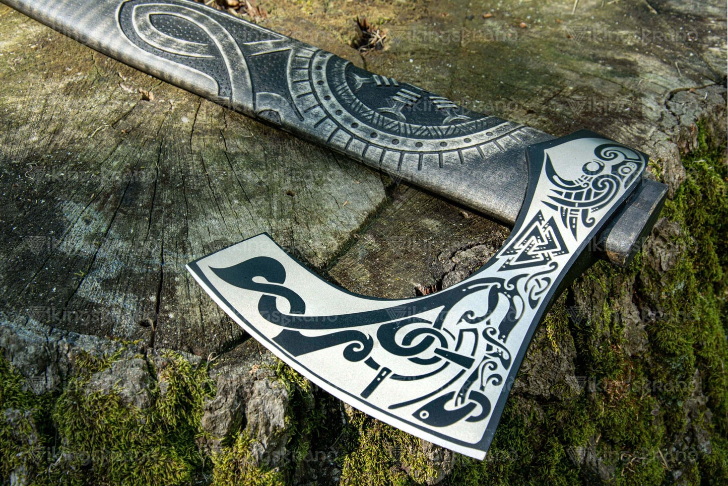 Hand Forged Carved Axe With Valknut Pattern & Wooden Box