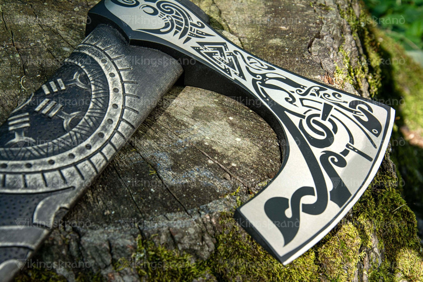 Hand Forged Carved Axe With Valknut Pattern & Wooden Box