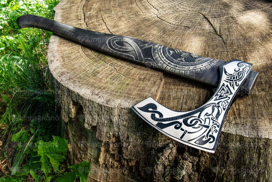 Hand Forged Carved Axe With Valknut Pattern & Wooden Box