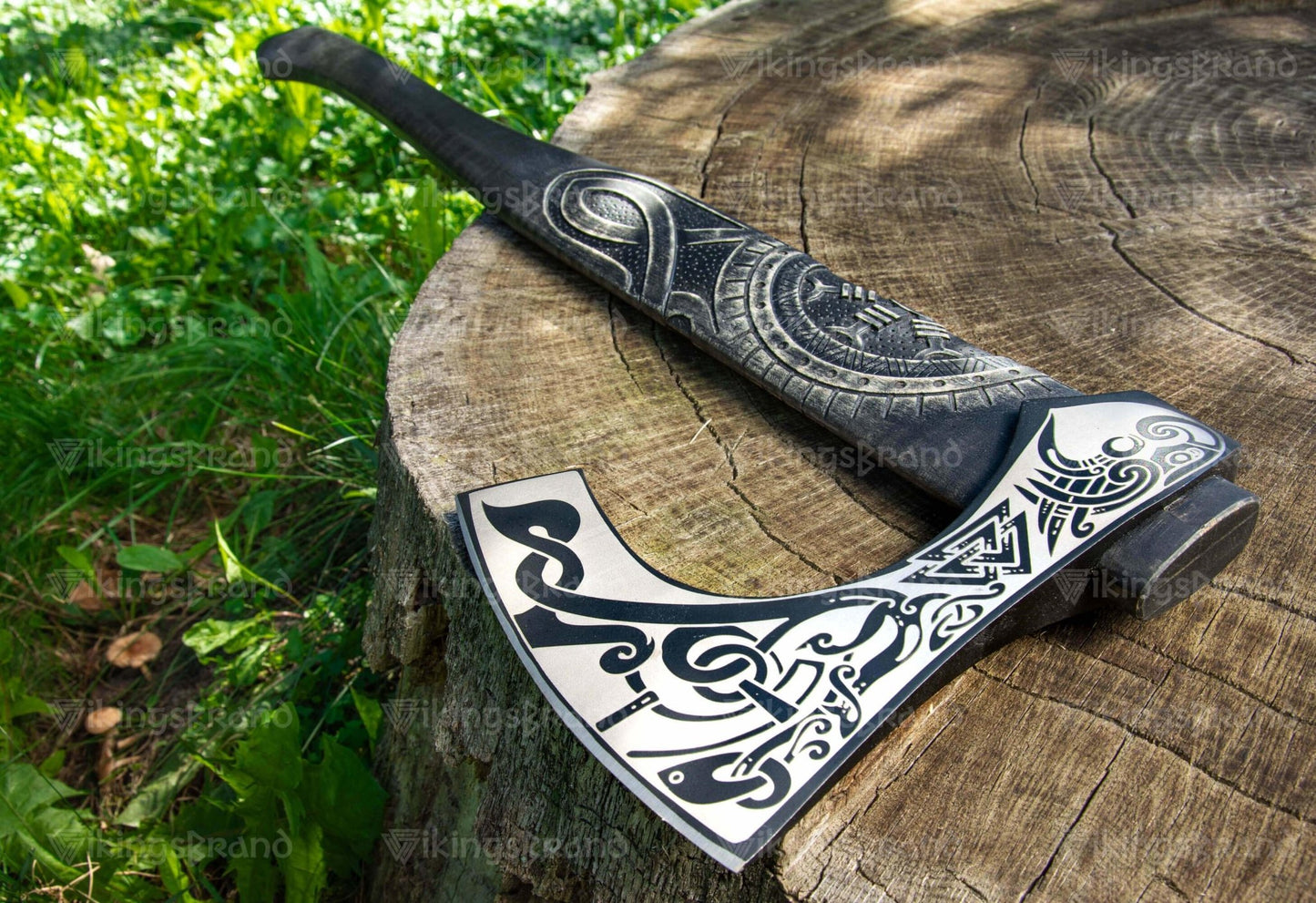 Hand Forged Carved Axe With Valknut Pattern & Wooden Box