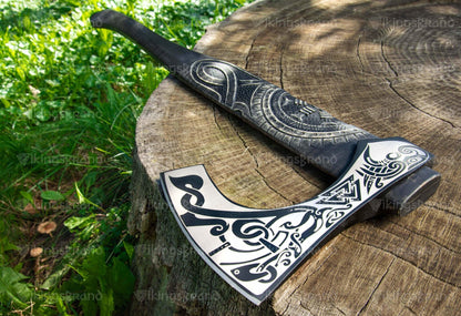 Hand Forged Carved Axe With Valknut Pattern & Wooden Box