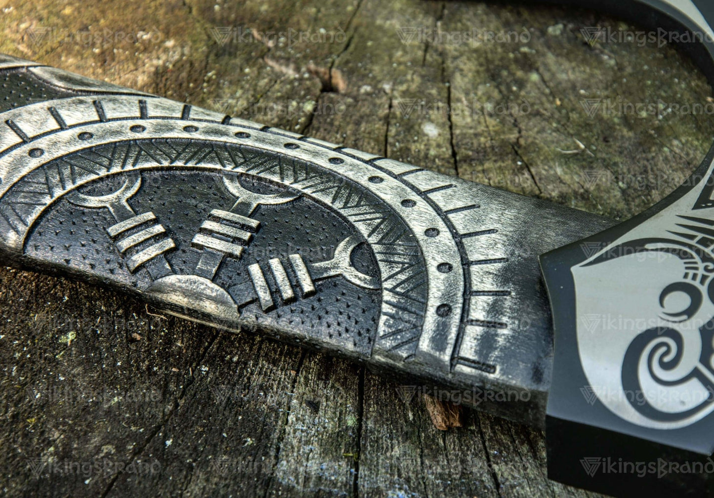 Hand Forged Carved Axe With Valknut Pattern & Wooden Box