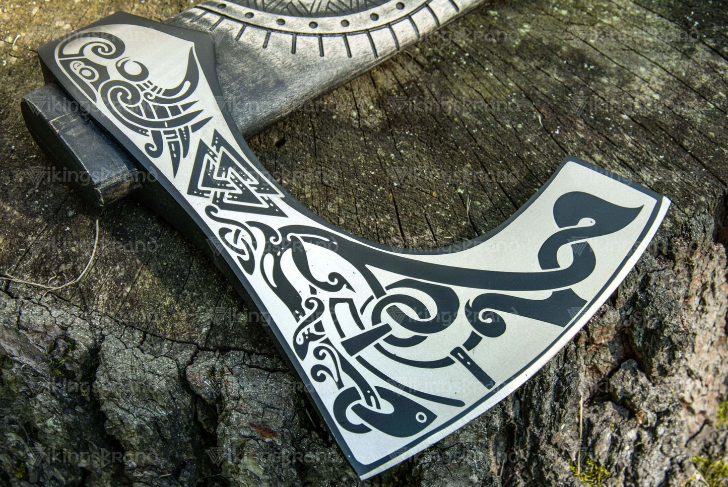 Hand Forged Carved Axe With Valknut Pattern & Wooden Box